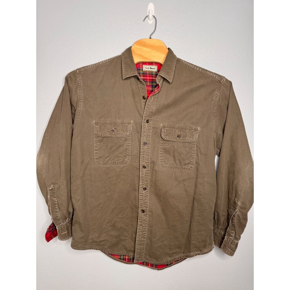 L.L. Bean Rare Vintage Army Green Button Down Long Sleeve Cotton Shirt SZ L